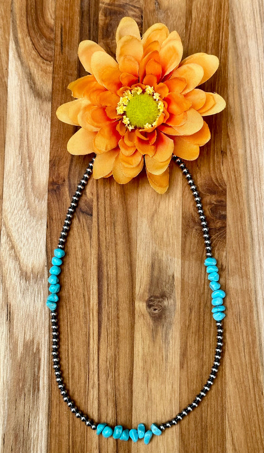 24 Inch navajo Style Pearls and Turquoise Necklace