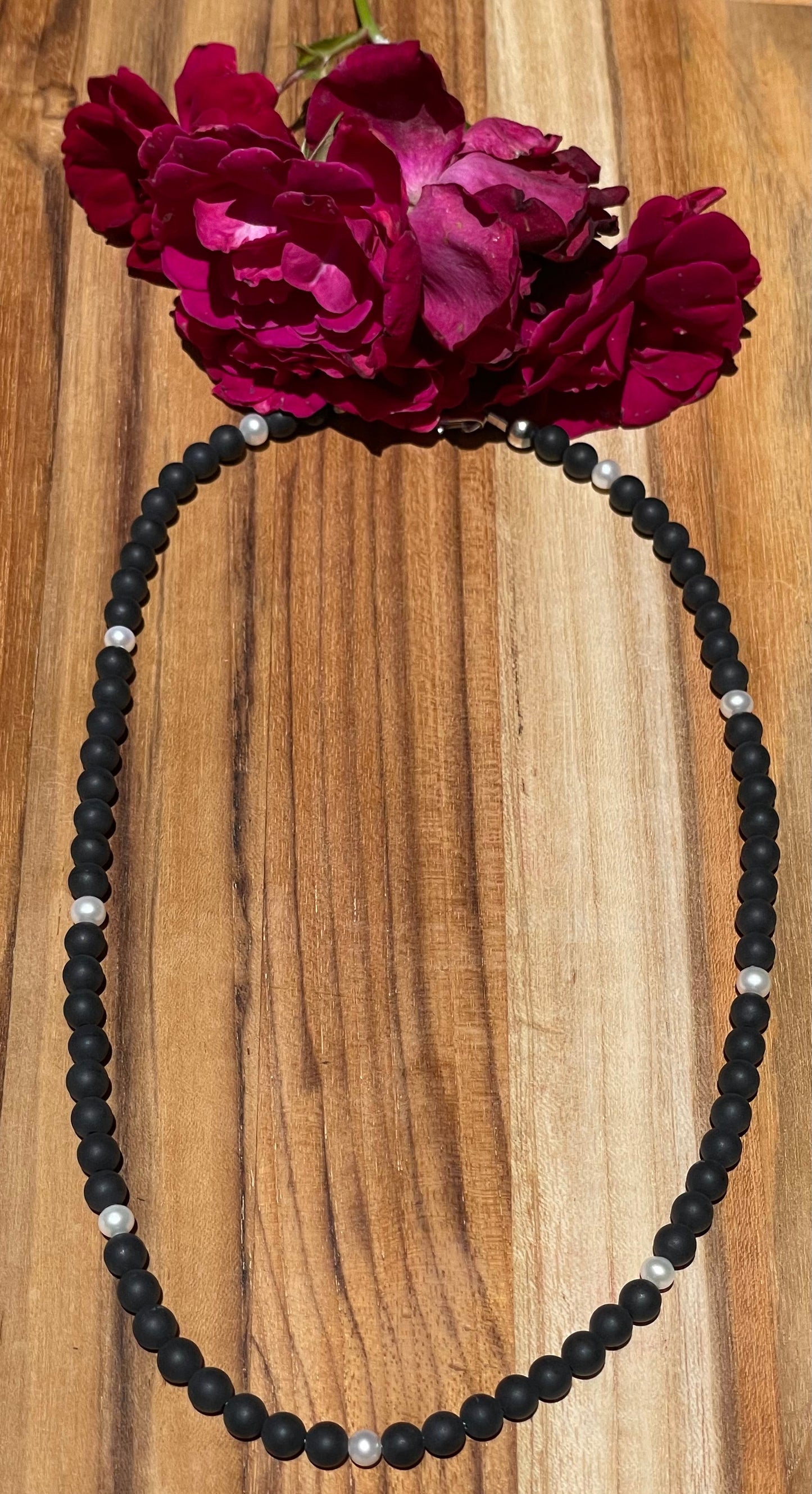 18 inch Matte Onyx and "Navajo Style" Pearl Necklace