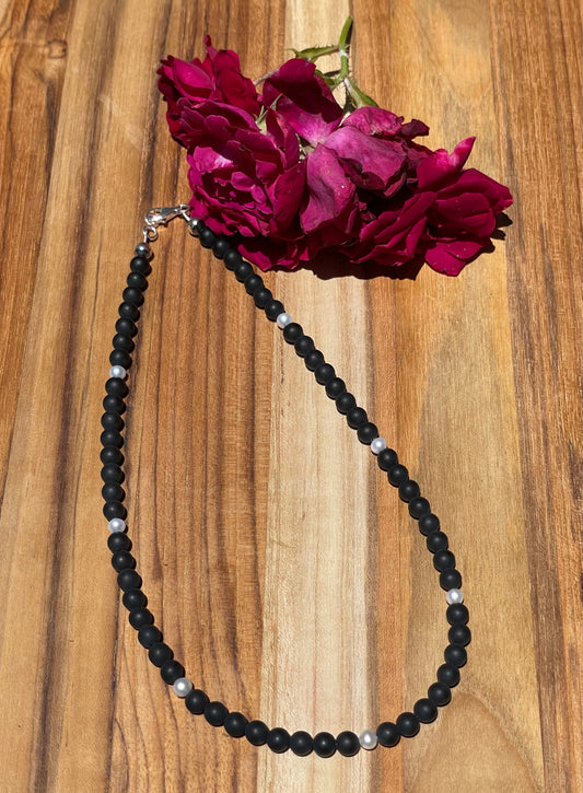 18 inch Matte Onyx and "Navajo Style" Pearl Necklace