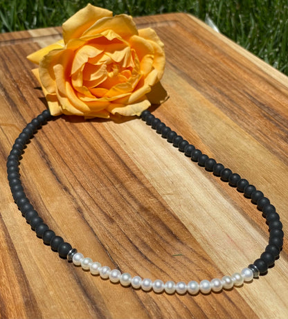 30 inch Matte Onyx and Freshwater Pearl Necklace