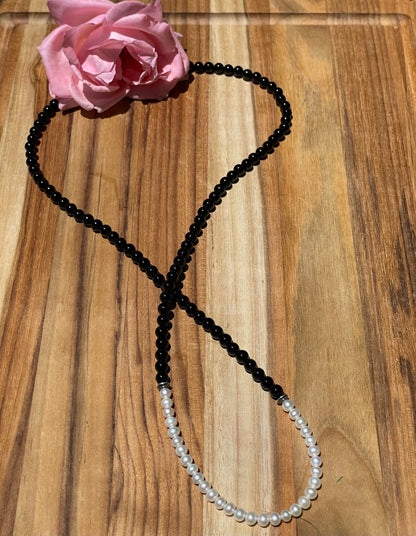 30 inch Shiny Onyx Beads and Freshwater Pearls Necklace