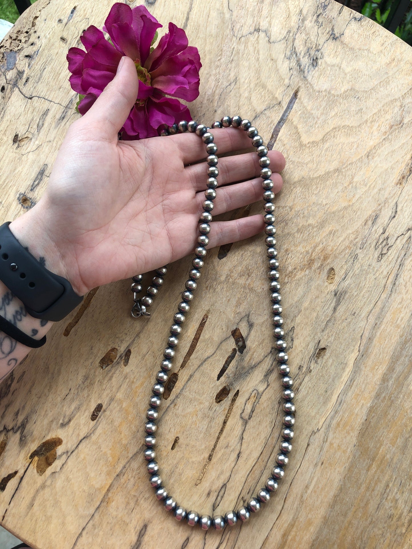 36" 8MM " Navajo Style" Sterling Pearls