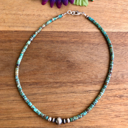 15 1/2" Heishi Kingman and Pearl Necklace (Green)